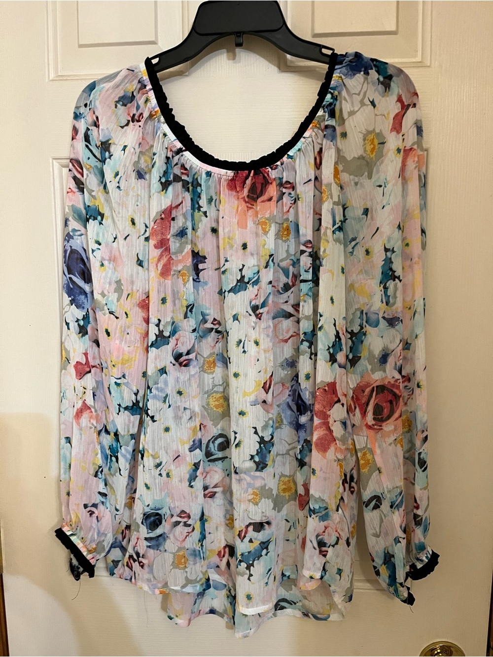 Sunny Leigh Sheer Floral Blouse - White with Pink, Blue, Yellow